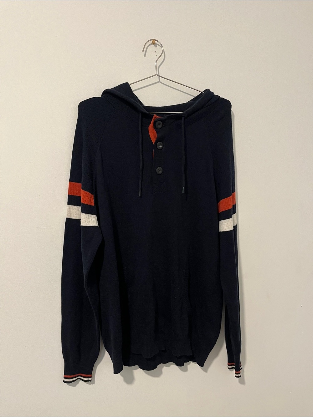 Retrofit Navy Hooded Pullover with Orange and White Sleeve Stripes